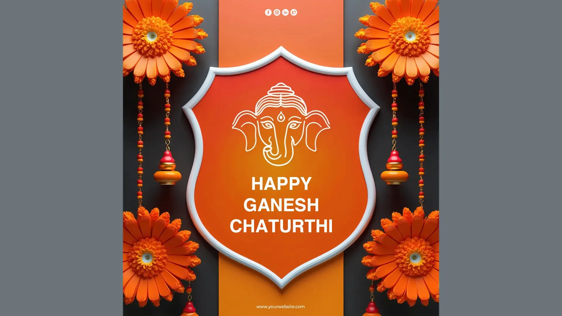 Happy Ganesh Chaturthi Instagram Post with Stylish Shield and Floral Design